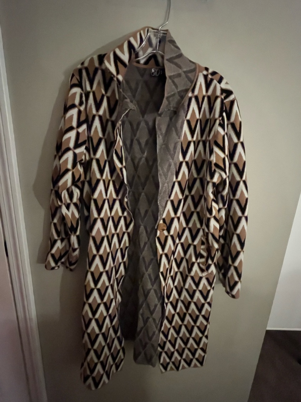 Geometric Pattern Women's Long Coat in Brown and Cream